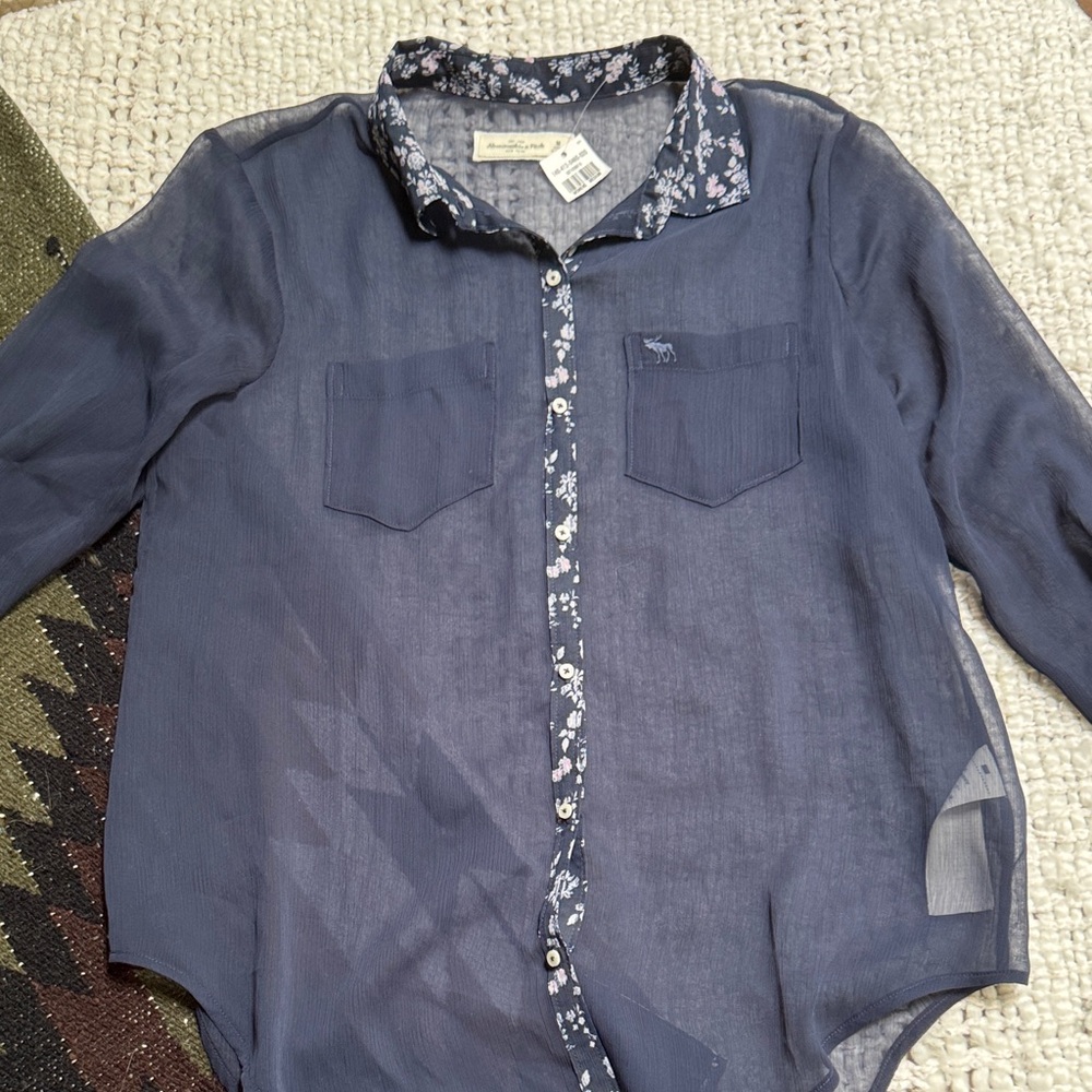 Abercrombie & Fitch Sheer Navy Floral Trim Blouse